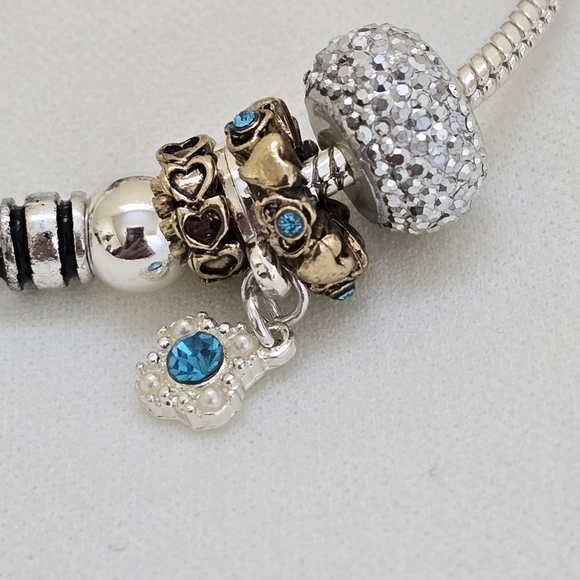 Landau Silver Gold Toned Blue Crystal March Birthstone Charm Heart Key Bracelet - Picture 2 of 8